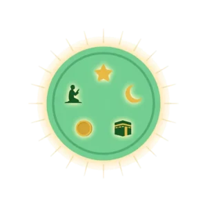 Islam Ke 5 Arkan image - 5 golden icons in mint green badge.
