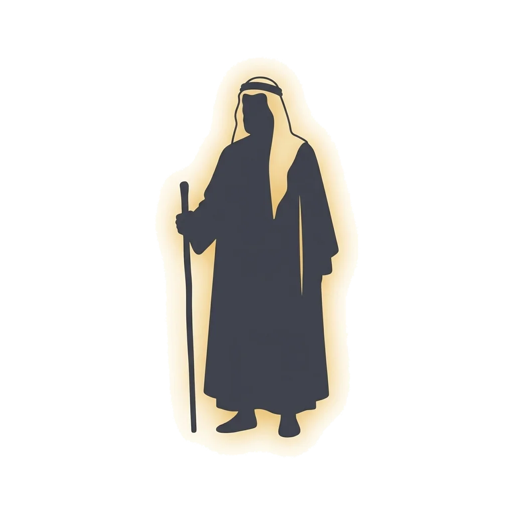 Post #14 hero image - sahabah kiram ke liye ek sahabi ki simple silhouette, traditional islamic clothing mein, haath mein staff. Soft golden glow.