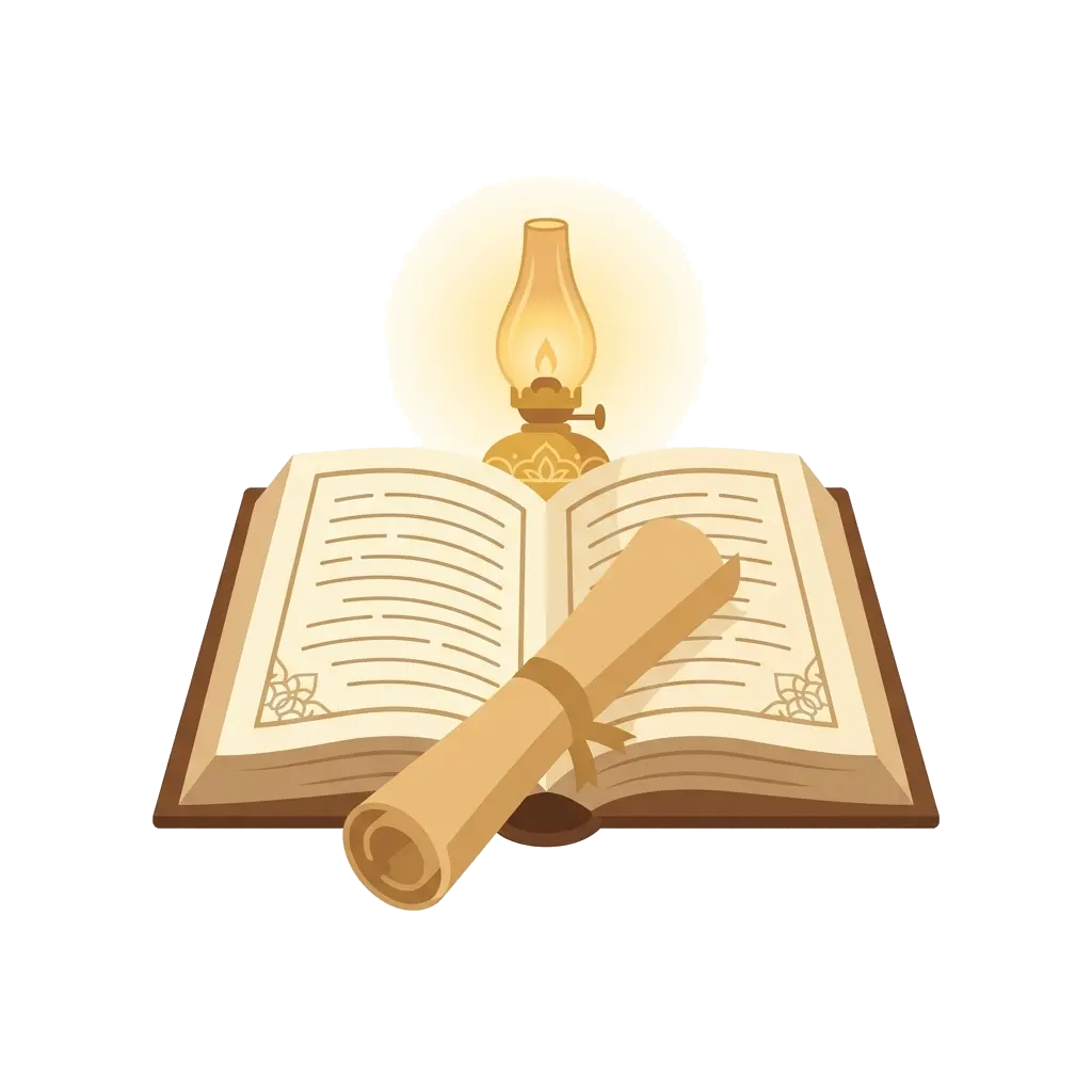 Post #19 hero image - mumtaz islami shakhsiyat ke liye open book, scroll aur glowing lamp ki illustration. Soft golden glow.