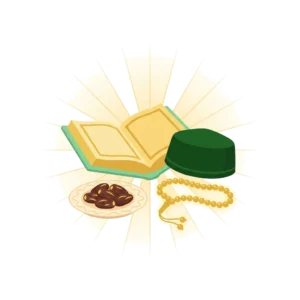 Post #9 hero illustration - Quran, topi, tasbih aur dates ki flat vector image. Mint green, golden yellow aur dark green colors.
