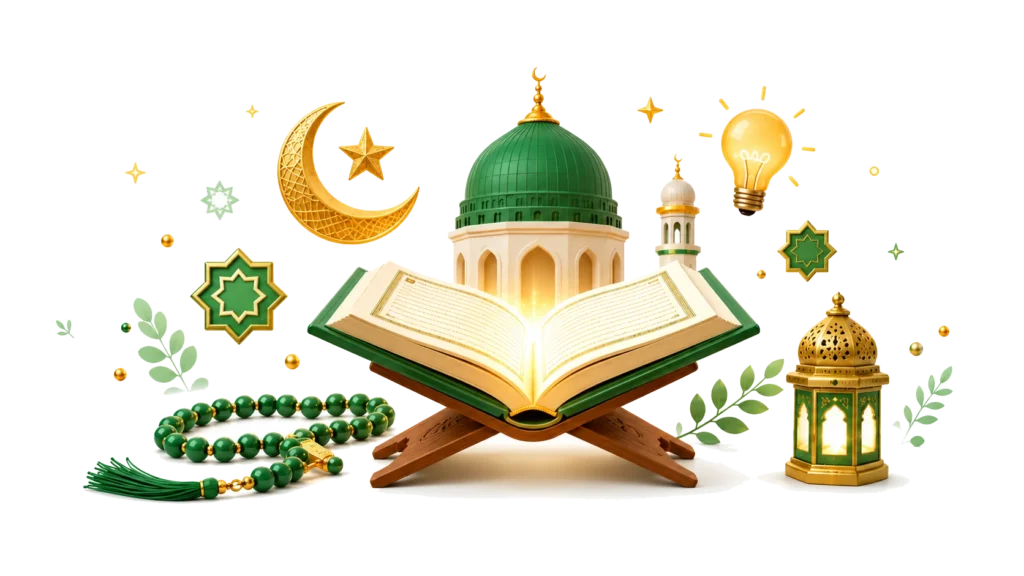urdu islamic quiz hero image - open Quran, tasbih, mosque dome, star and crescent, aur light bulb ki illustration. Apni islami maloomat aazmayein.