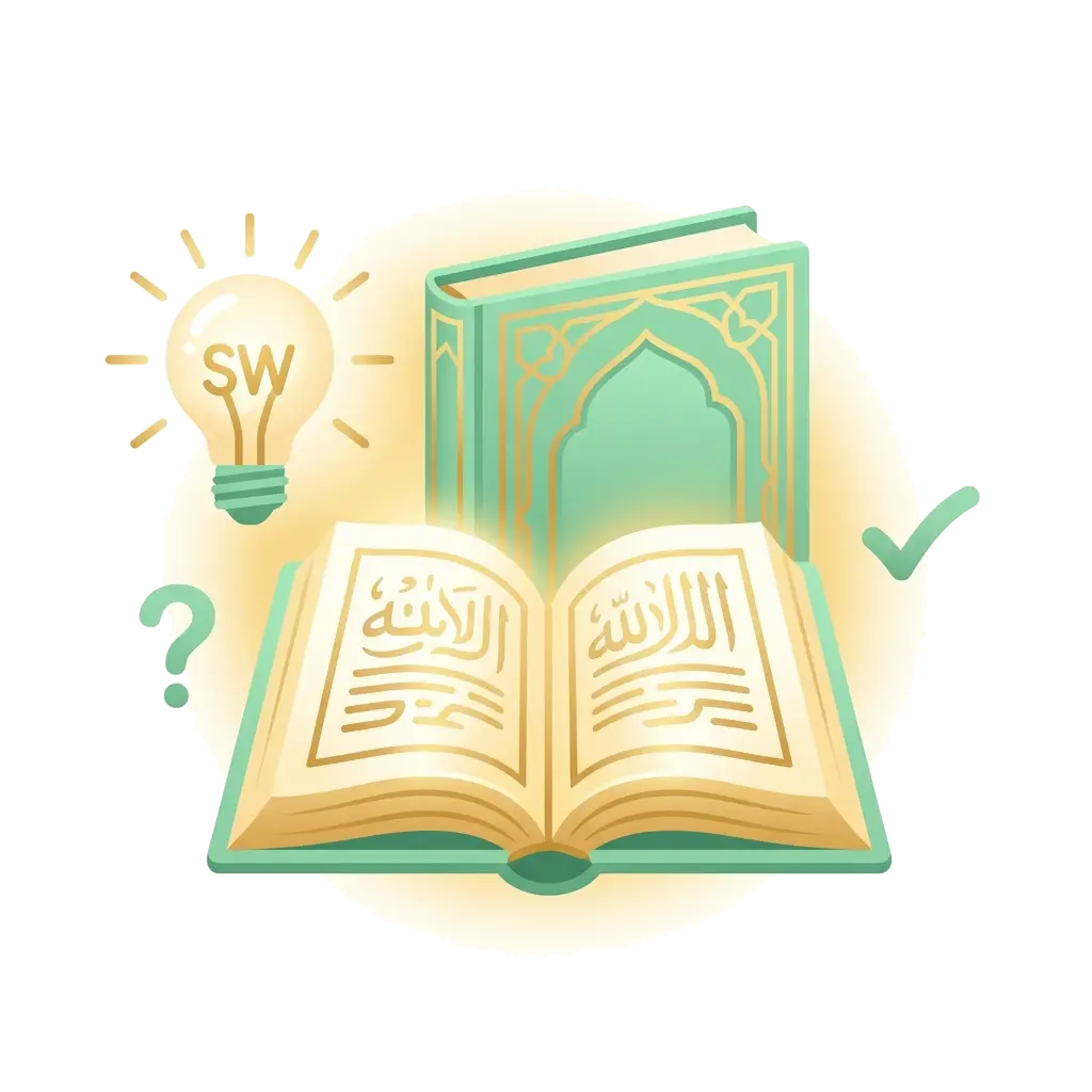 Post #12 hero image - islami sawal jawab in urdu ke liye open Quran, glowing light bulb, question mark aur tick mark ki illustration.