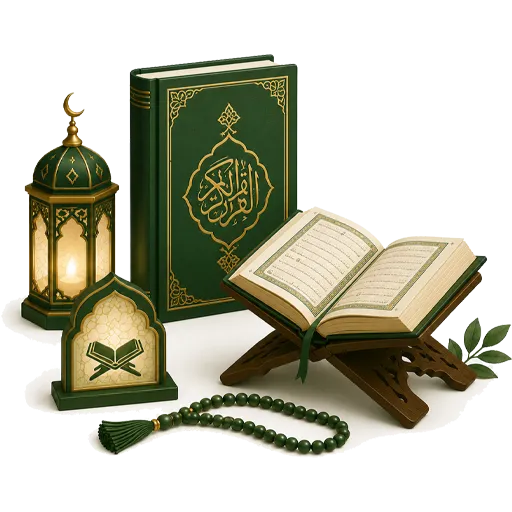 islami sawal jawab - Quran category icon. Green Quran book illustration for Islamic quiz.