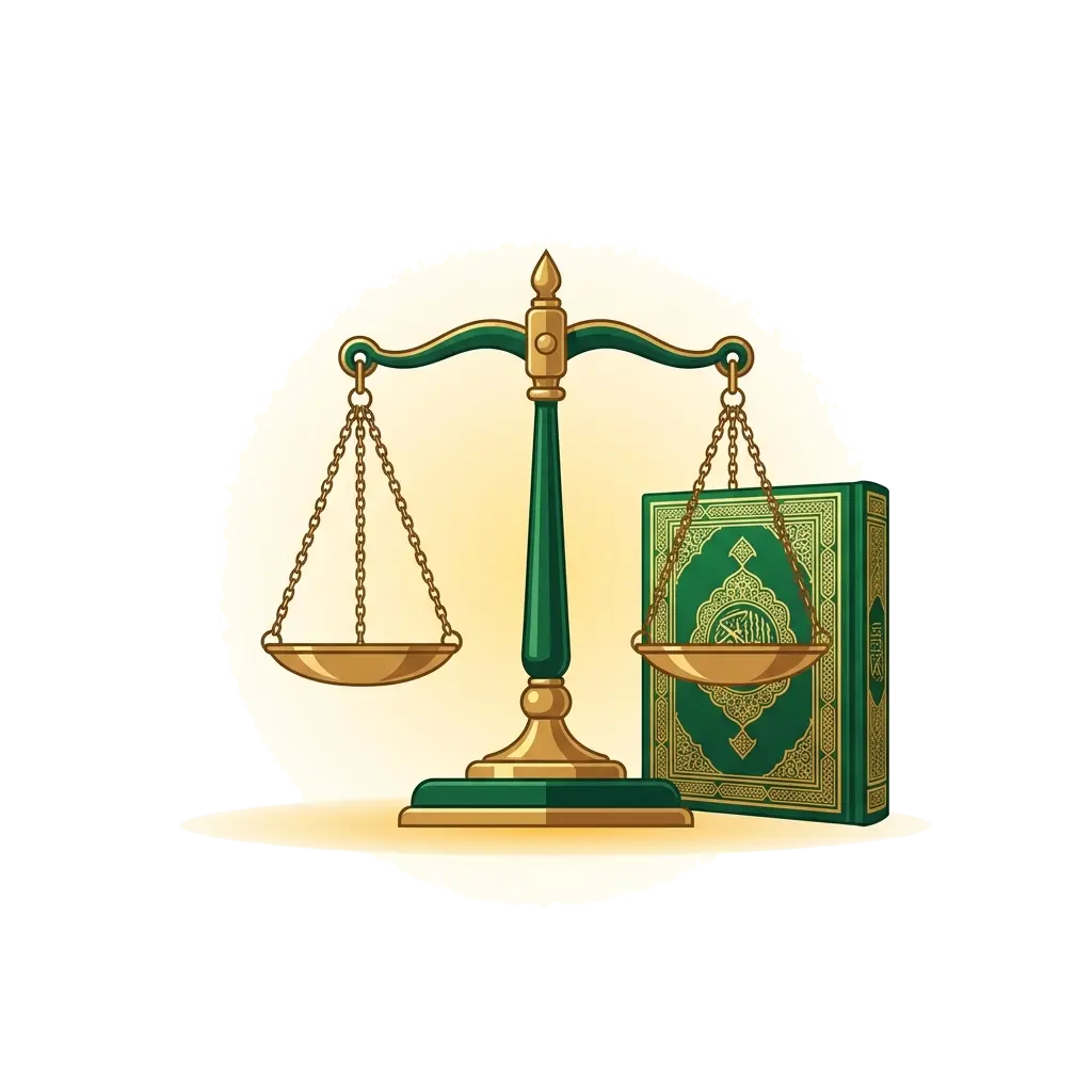 Post #17 hero image - islami qanoon ke liye balance scale aur Quran ki illustration. Soft golden glow.