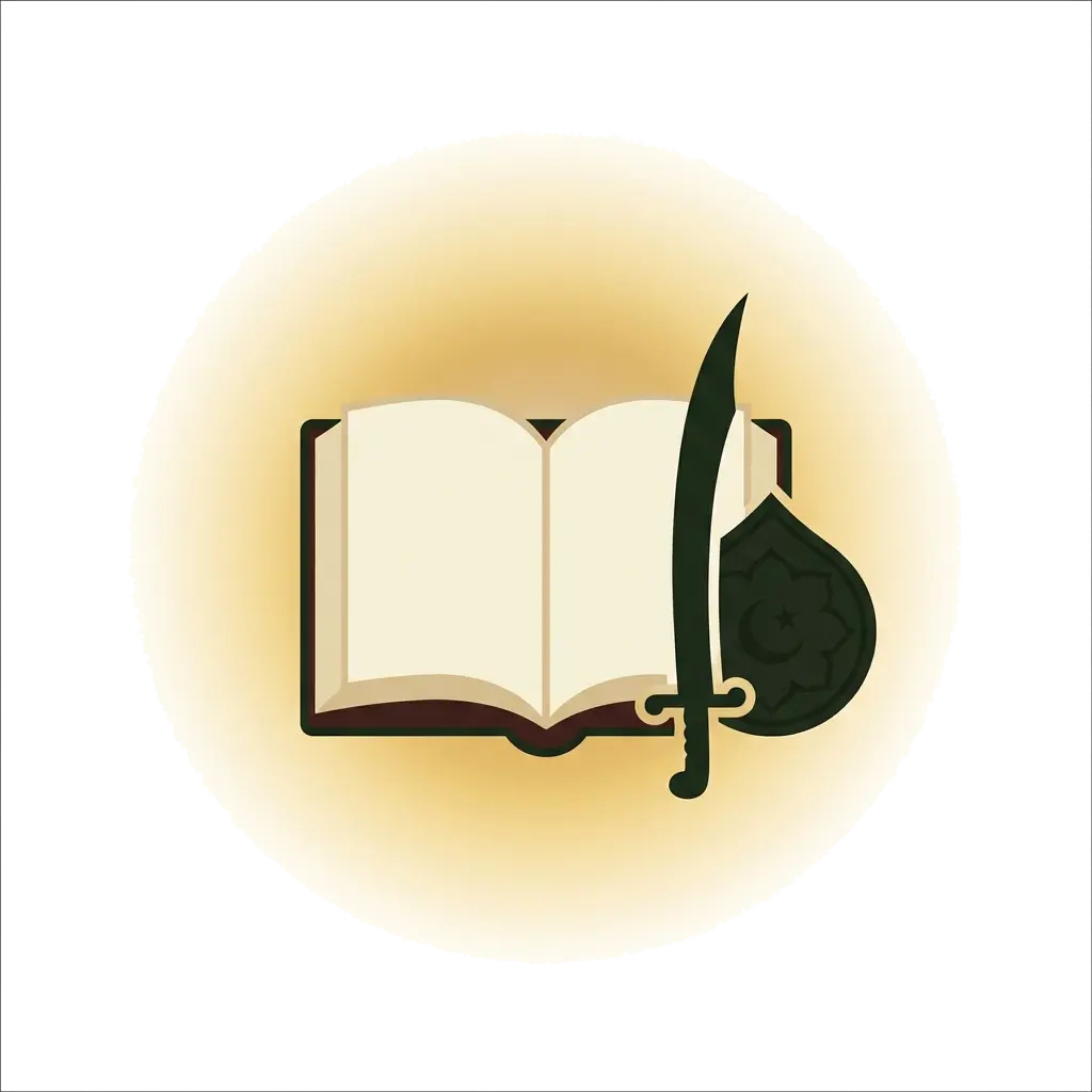 Post #16 hero image - tareekh e islam ke liye open book, sword aur shield ki illustration. Soft golden glow.